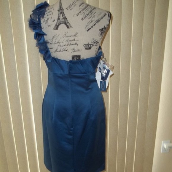 Indigo Blue Satin One Shoulder Sheath Short Party Dress Size 10 - Picture 5 of 8